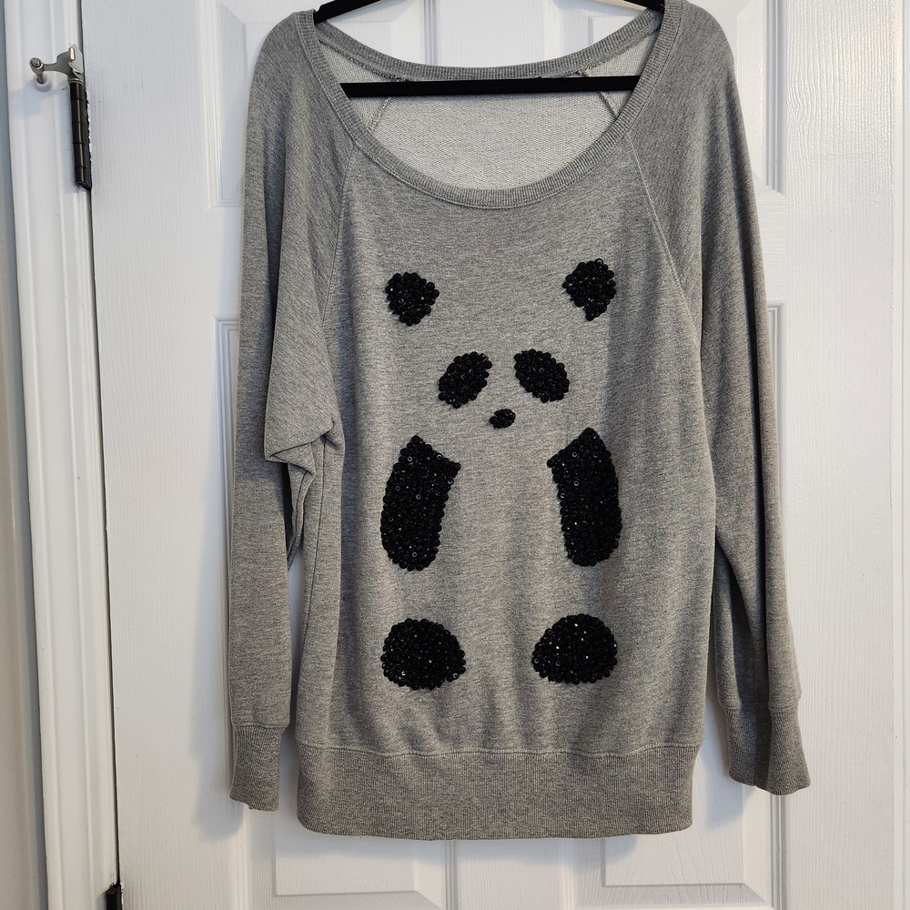 Gray Sweater with Black Sequin Panda Design